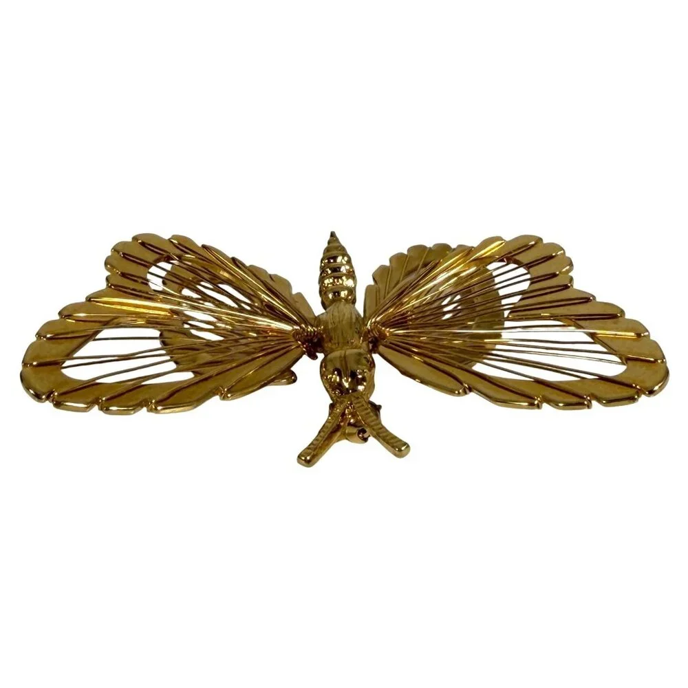 Vintage Signed MONET Golden Butterfly Brooch Pin Open Wire Layered Wings 2
